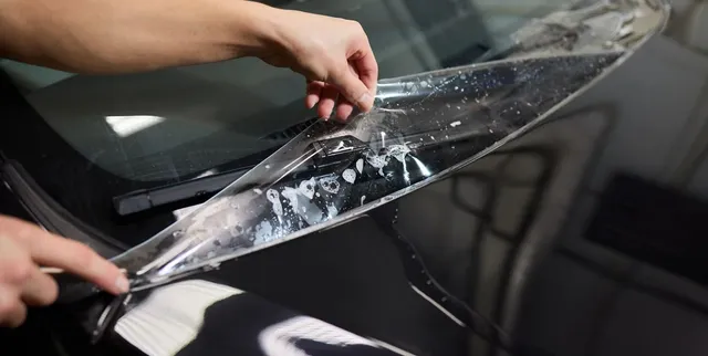 Man's hand holding clear PPF film being installed on a black car