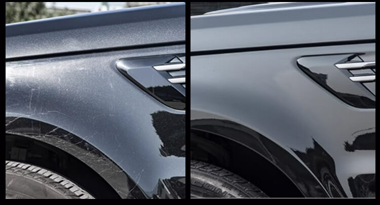 Left side view of a black car showing the difference between PPF-applied surface and unprotected area with visible scratches